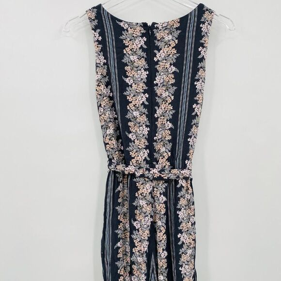 LOFT Size Small Gray Striped Floral V Neck Tie Waist Wide Leg Jumpsuit - Picture 11 of 12